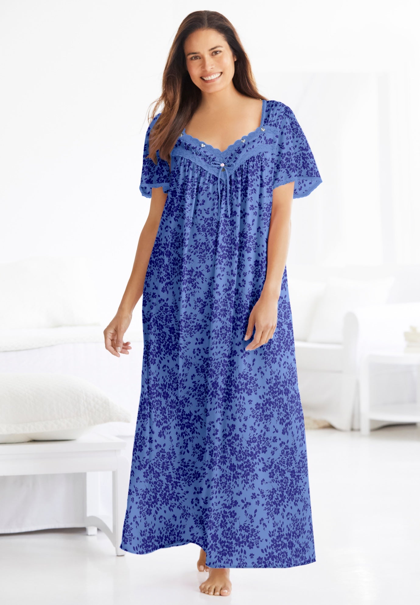 Long Silky Lace-Trim Gown image number 5