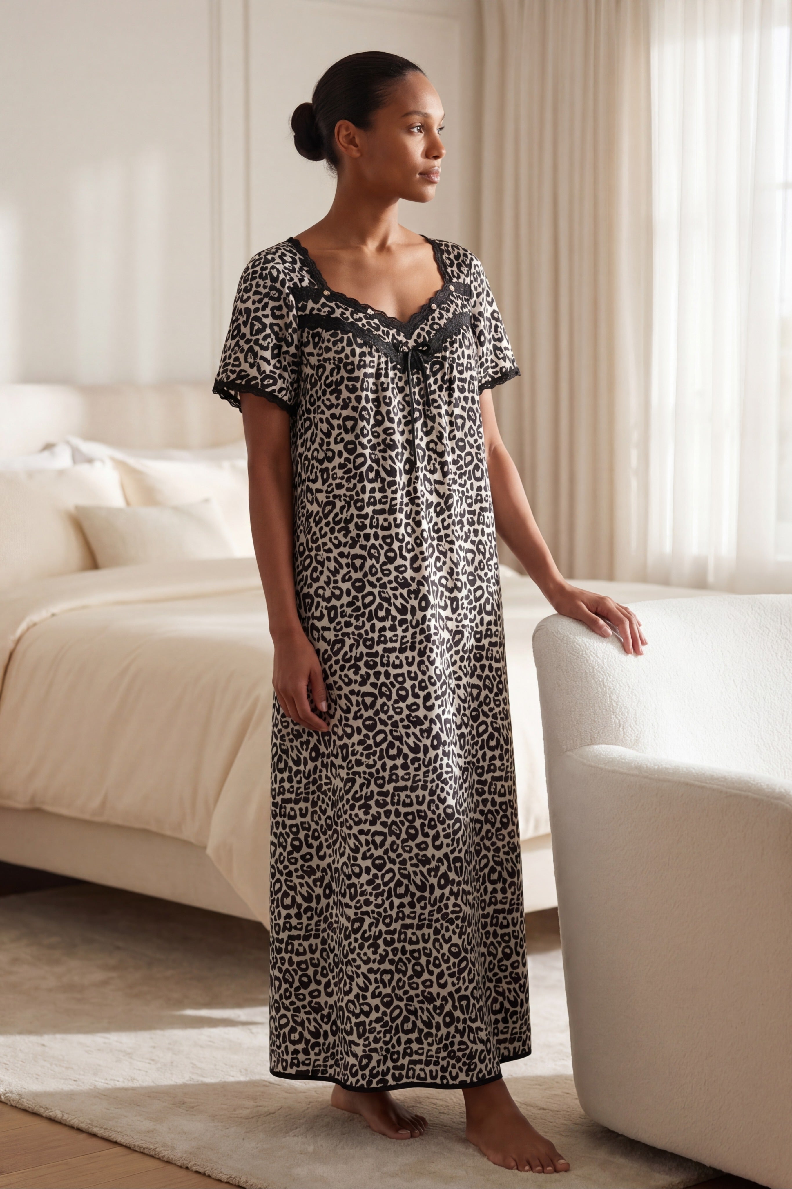 Long Silky Lace-Trim Gown image number 0