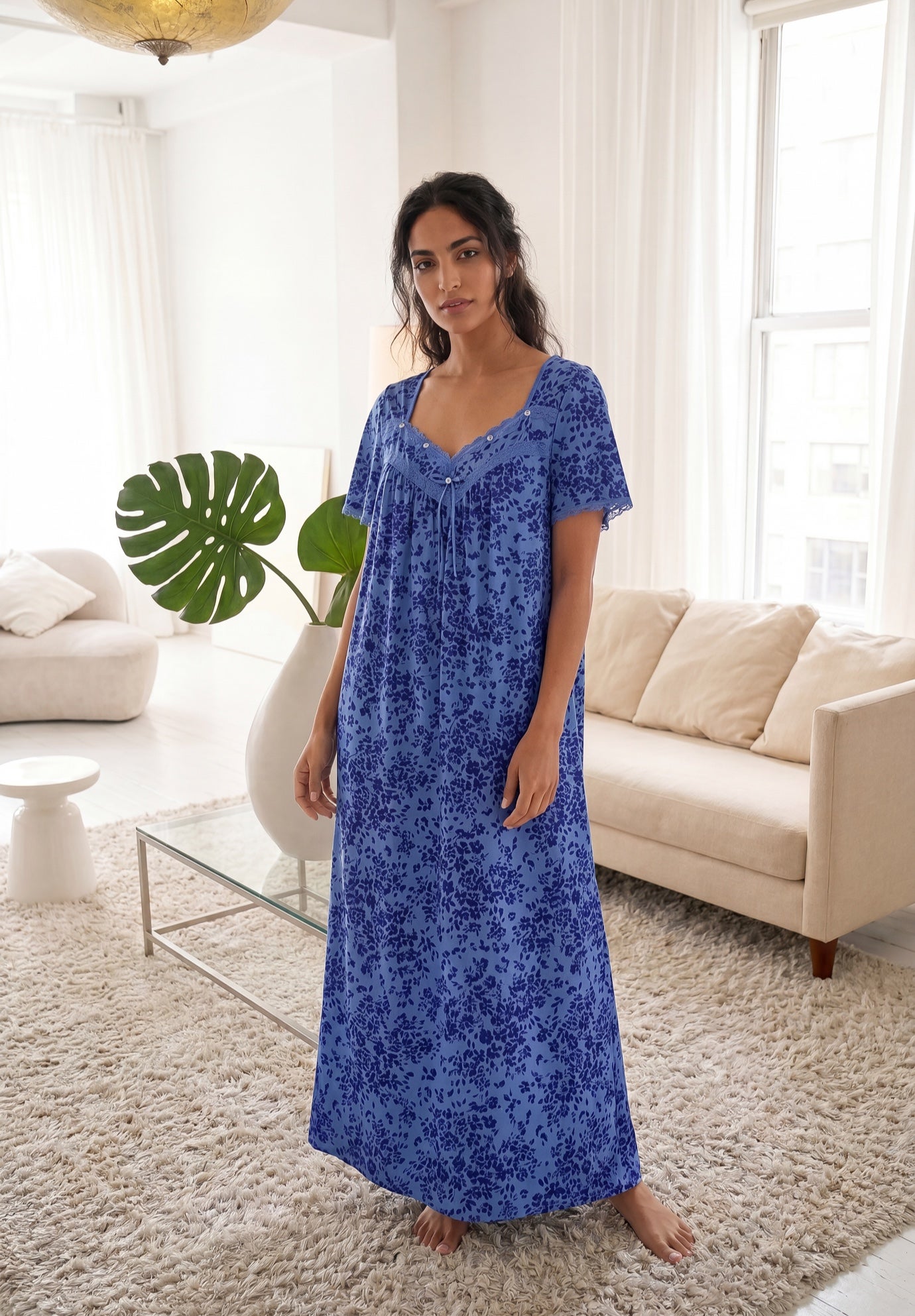 Long Silky Lace-Trim Gown image number 4