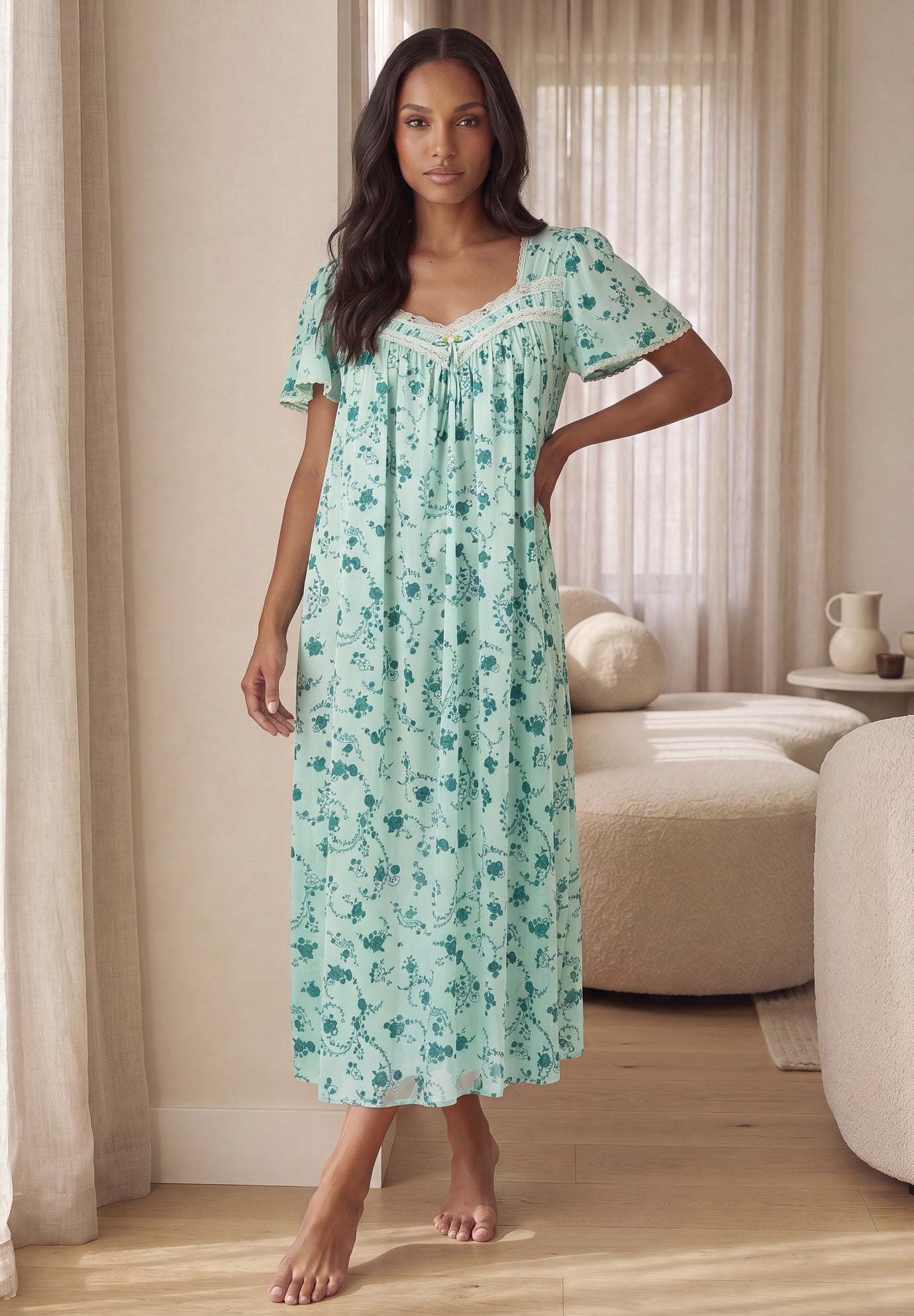 Long Silky Lace-Trim Gown image number 5