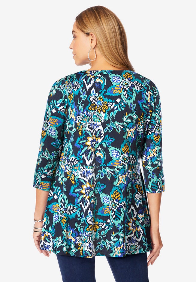 Stretch Knit Henley Notch Babydoll Tunic image number 1
