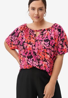 Drawstring Notchneck Keyhole Short Sleeve Peasant Blouse