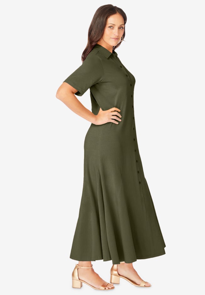 Stretch Cotton Button Front Maxi Dress image number 2