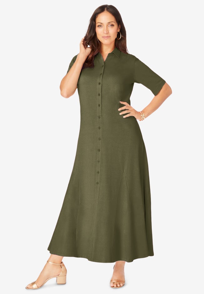 Stretch Cotton Button Front Maxi Dress image number 0