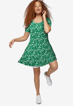 Stretch Jersey Knit A-Line Scoop Neck Short Sleeve Short Dress