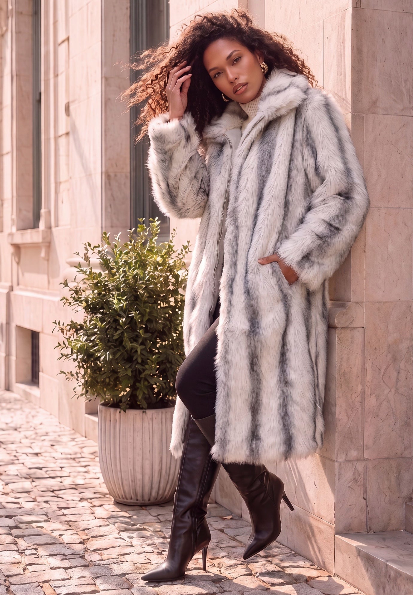 Plus Size Hooded Faux Fur Coat image number 1
