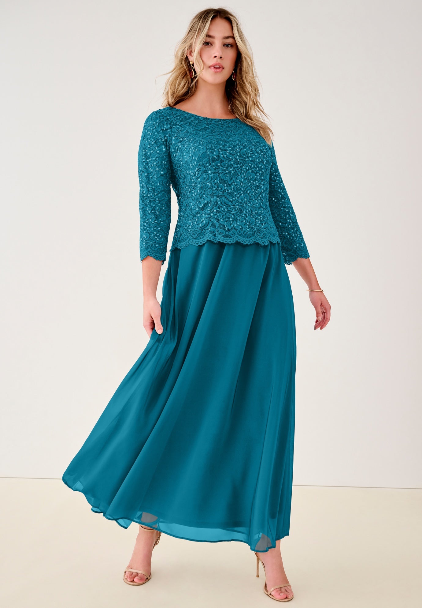 Plus Size Sparkle Lace Popover A-Line Gown with 3/4 Sleeves image number 0