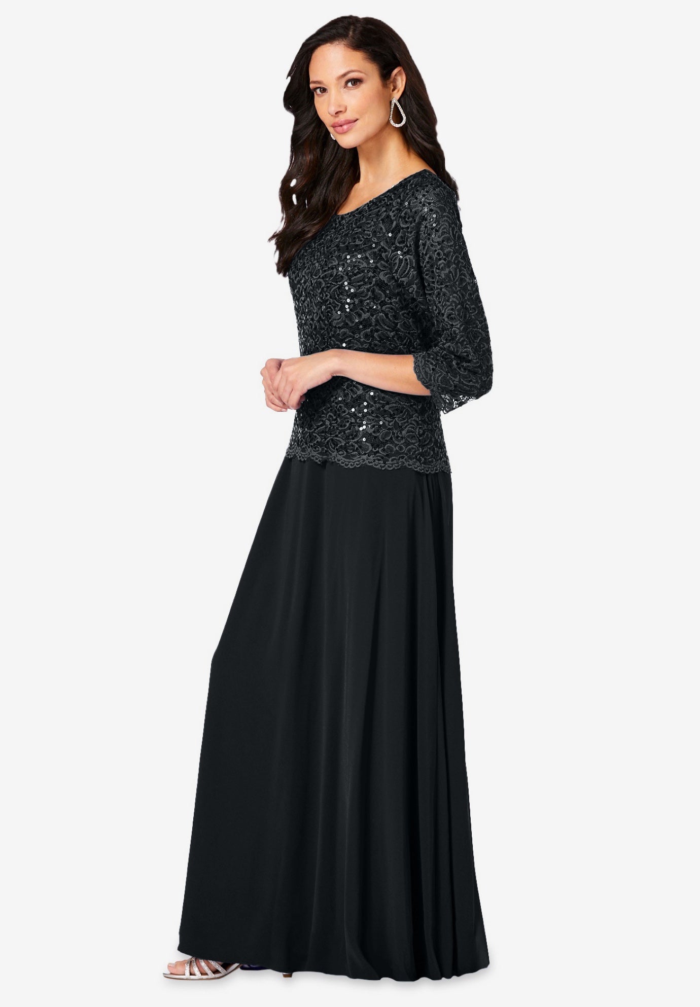 Plus Size Sparkle Lace Popover A-Line Gown with 3/4 Sleeves image number 2