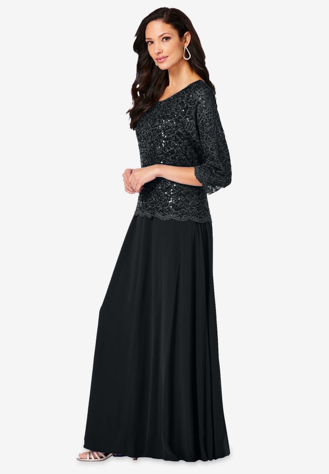 Plus Size Sparkle Lace Popover A-Line Gown with 3/4 Sleeves image number 2