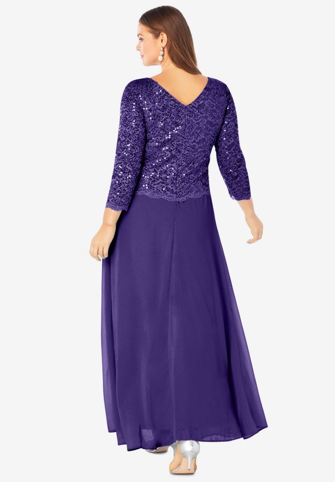 Plus Size Sparkle Lace Popover A-Line Gown with 3/4 Sleeves image number 1