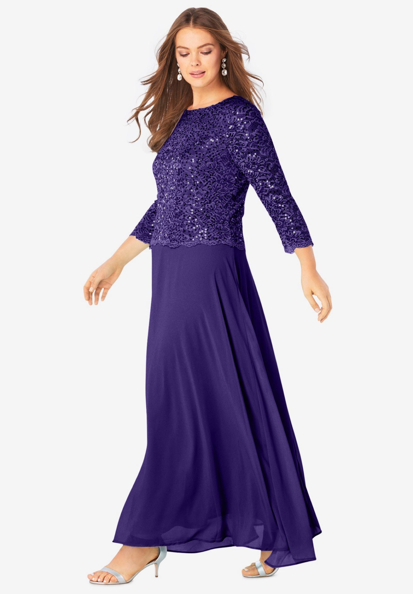 Plus Size Sparkle Lace Popover A-Line Gown with 3/4 Sleeves image number 2