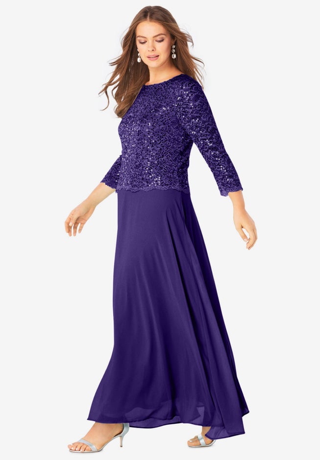 Plus Size Sparkle Lace Popover A-Line Gown with 3/4 Sleeves image number 2
