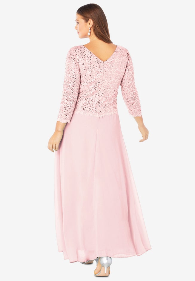 Plus Size Sparkle Lace Popover A-Line Gown with 3/4 Sleeves image number 1