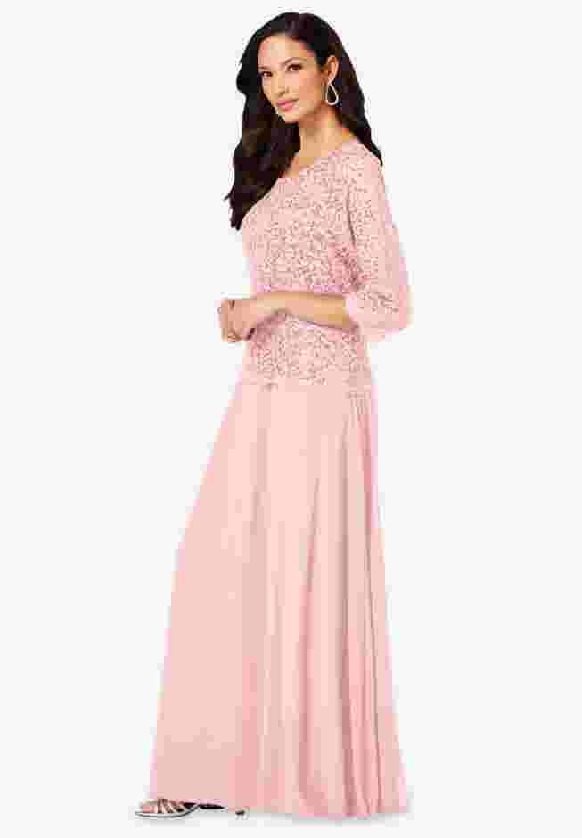 Plus Size Sparkle Lace Popover A-Line Gown with 3/4 Sleeves image number 2