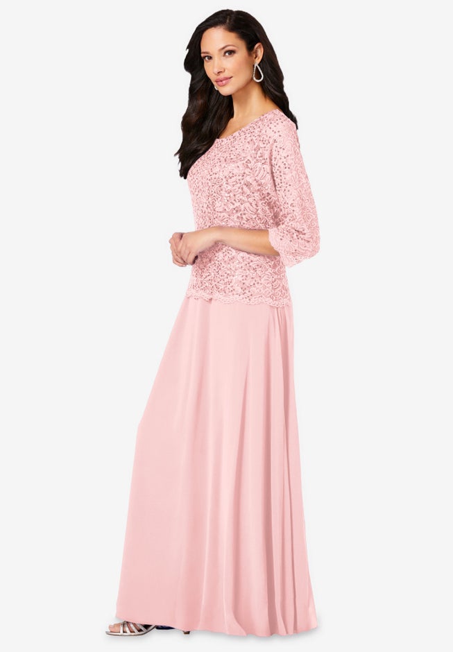 Plus Size Sparkle Lace Popover A-Line Gown with 3/4 Sleeves image number 2