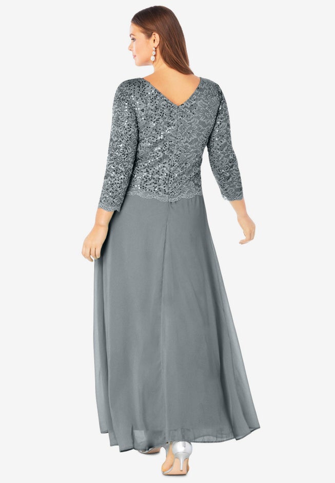 Plus Size Sparkle Lace Popover A-Line Gown with 3/4 Sleeves image number 1