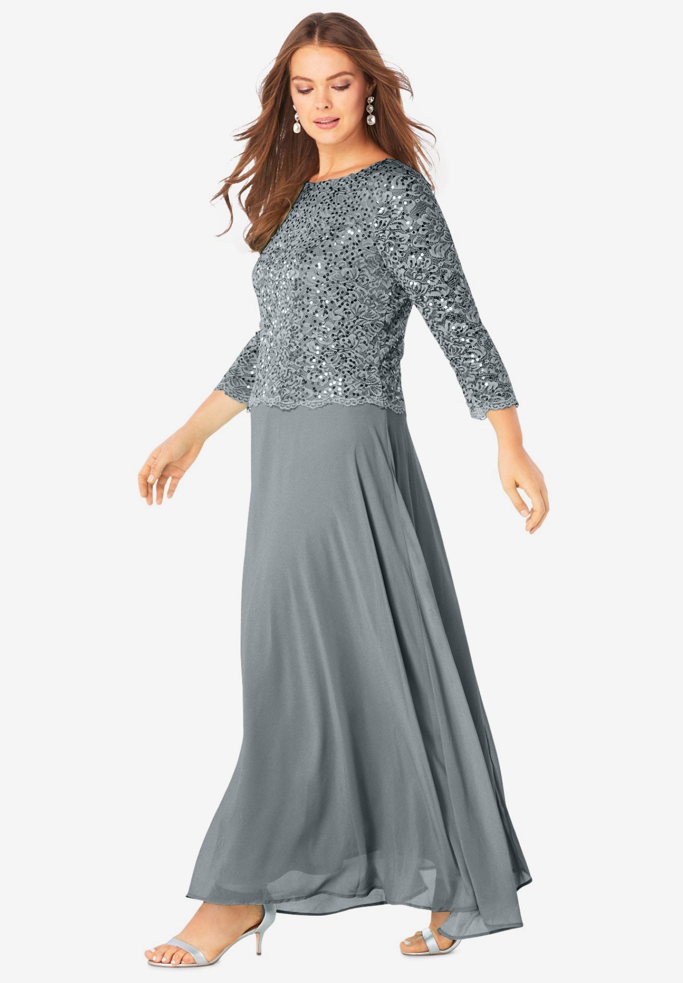 Plus Size Sparkle Lace Popover A-Line Gown with 3/4 Sleeves image number 2