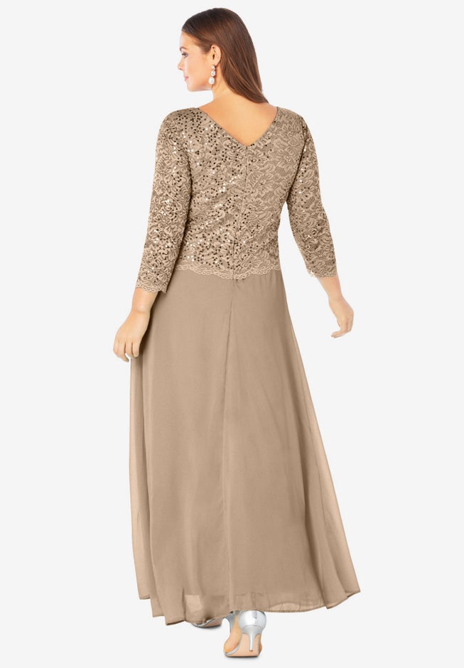 Plus Size Sparkle Lace Popover A-Line Gown with 3/4 Sleeves image number 1
