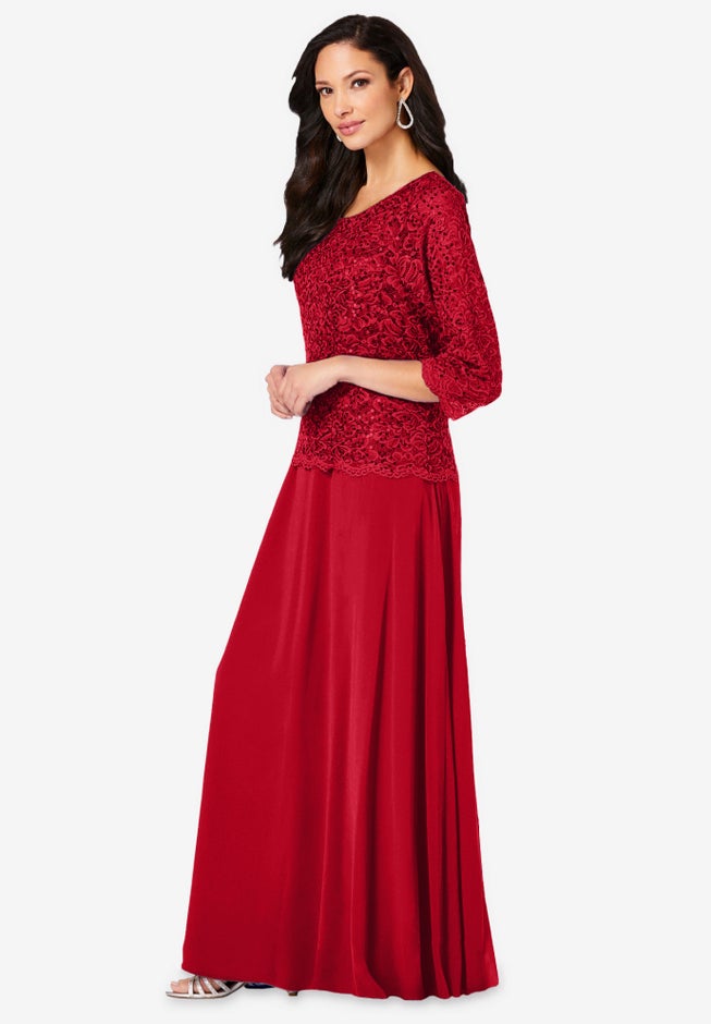 Plus Size Sparkle Lace Popover A-Line Gown with 3/4 Sleeves image number 2