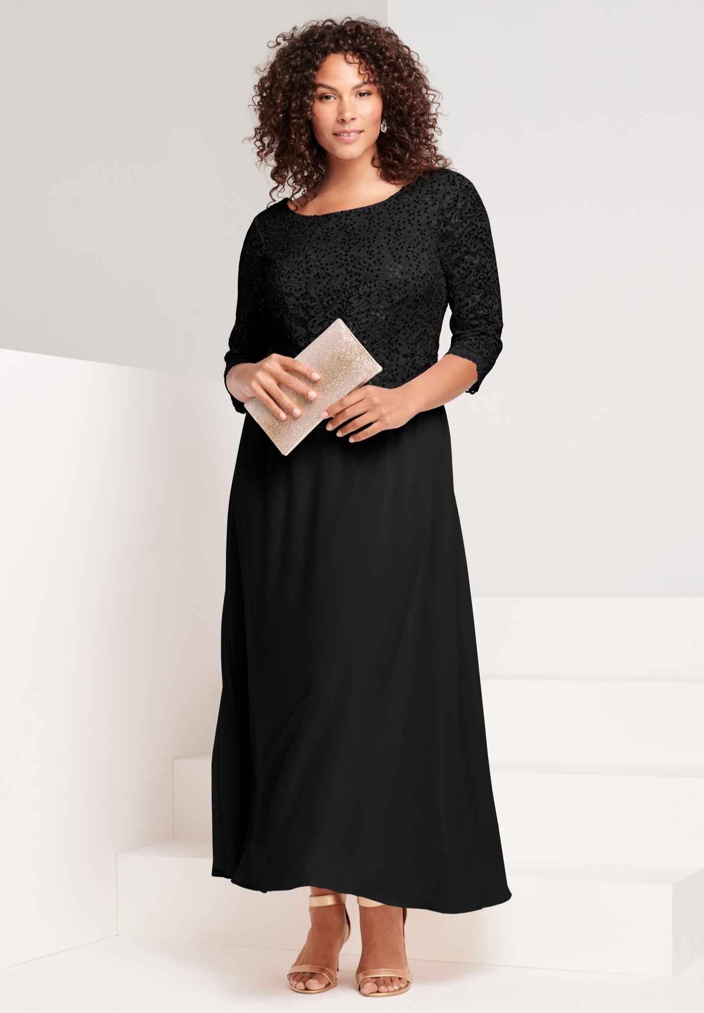 Plus Size Sparkle Lace Popover A-Line Gown with 3/4 Sleeves image number 0