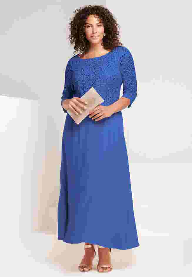 Plus Size Sparkle Lace Popover A-Line Gown with 3/4 Sleeves image number 0