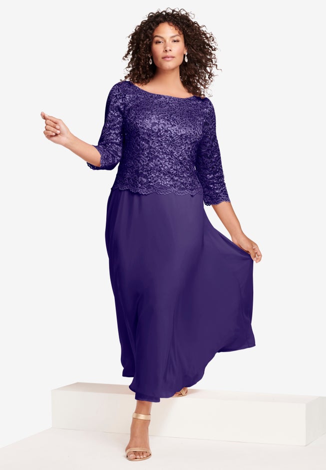 Plus Size Sparkle Lace Popover A-Line Gown with 3/4 Sleeves image number 0