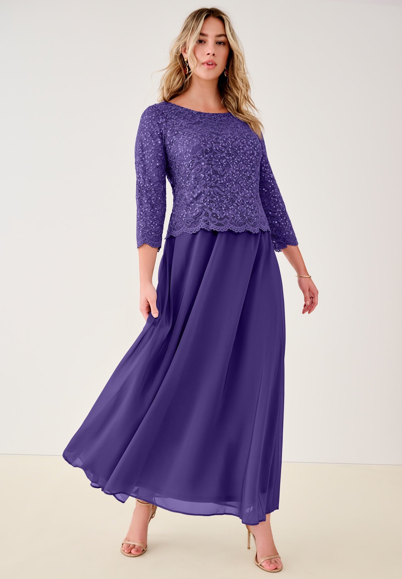 Plus Size Sparkle Lace Popover A-Line Gown with 3/4 Sleeves image number 0