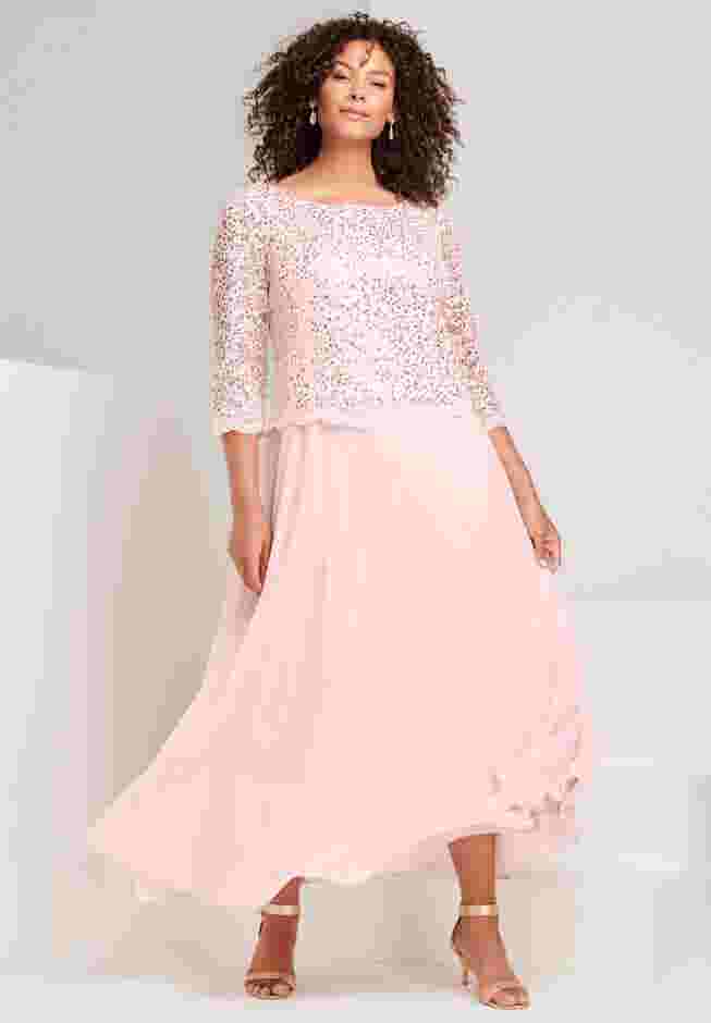 Plus Size Sparkle Lace Popover A-Line Gown with 3/4 Sleeves image number 0