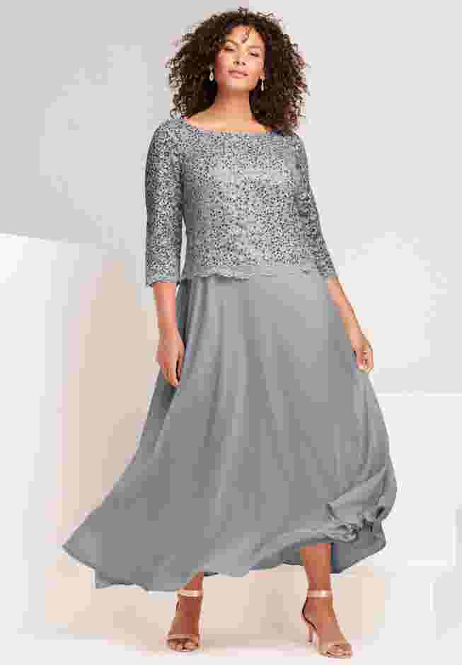 Plus Size Sparkle Lace Popover A-Line Gown with 3/4 Sleeves image number 0