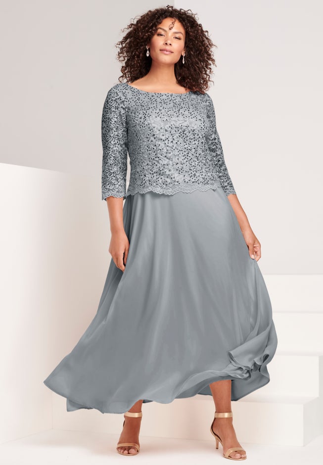 Plus Size Sparkle Lace Popover A-Line Gown with 3/4 Sleeves image number 0