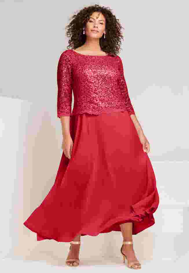 Plus Size Sparkle Lace Popover A-Line Gown with 3/4 Sleeves image number 0