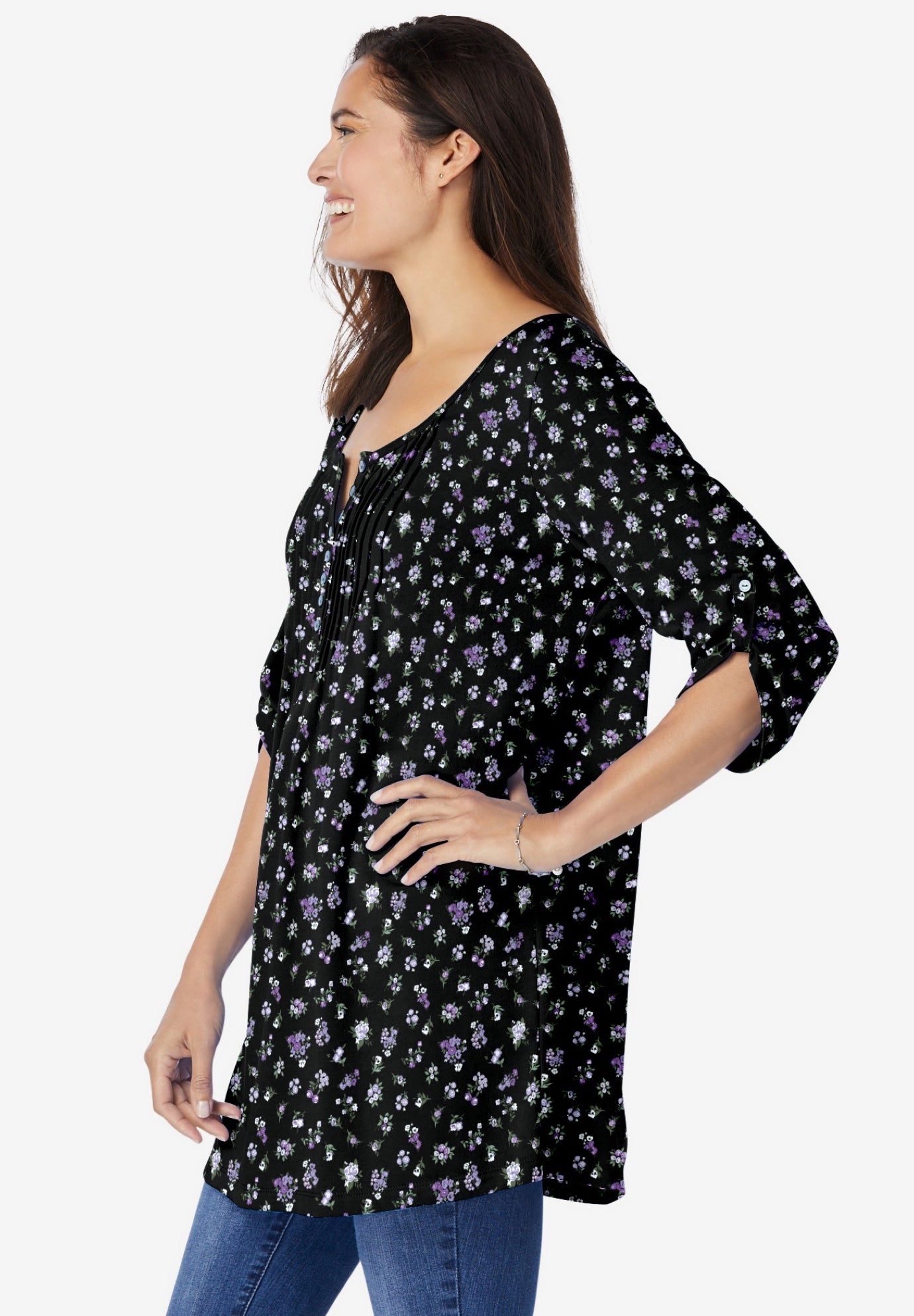 7-Day Three-Quarter Sleeve Pintucked Henley Tunic image number 2