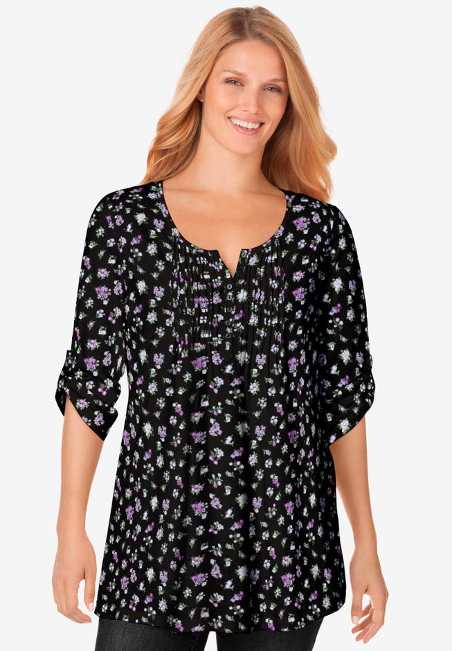 7-Day Three-Quarter Sleeve Pintucked Henley Tunic image number 0