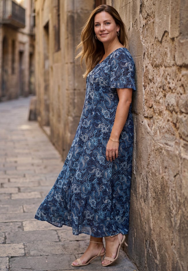 Plus Size Hand Crinkled Flutter-Sleeve Maxi Dress image number 2