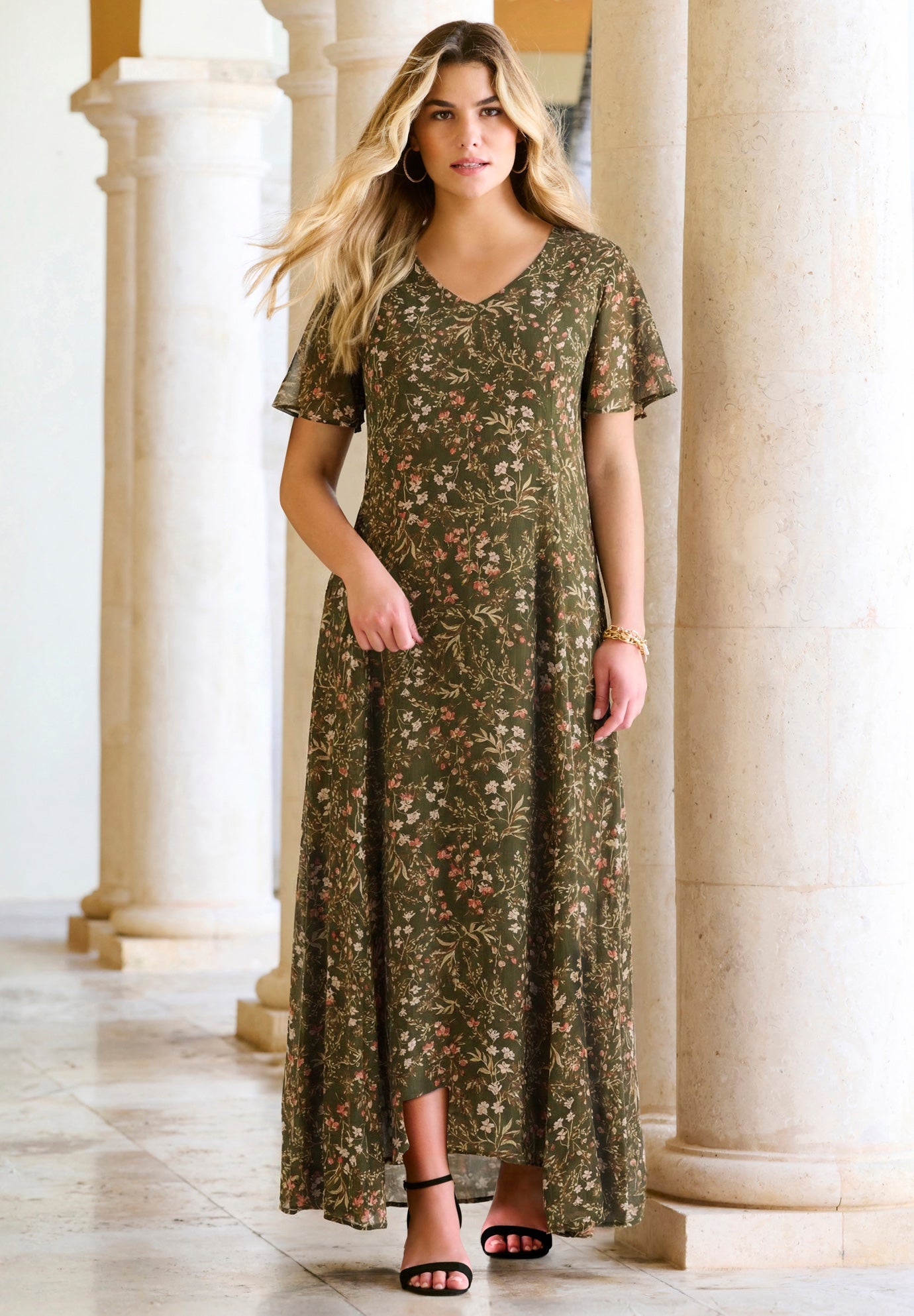 Plus Size Hand Crinkled Flutter-Sleeve Maxi Dress image number 0
