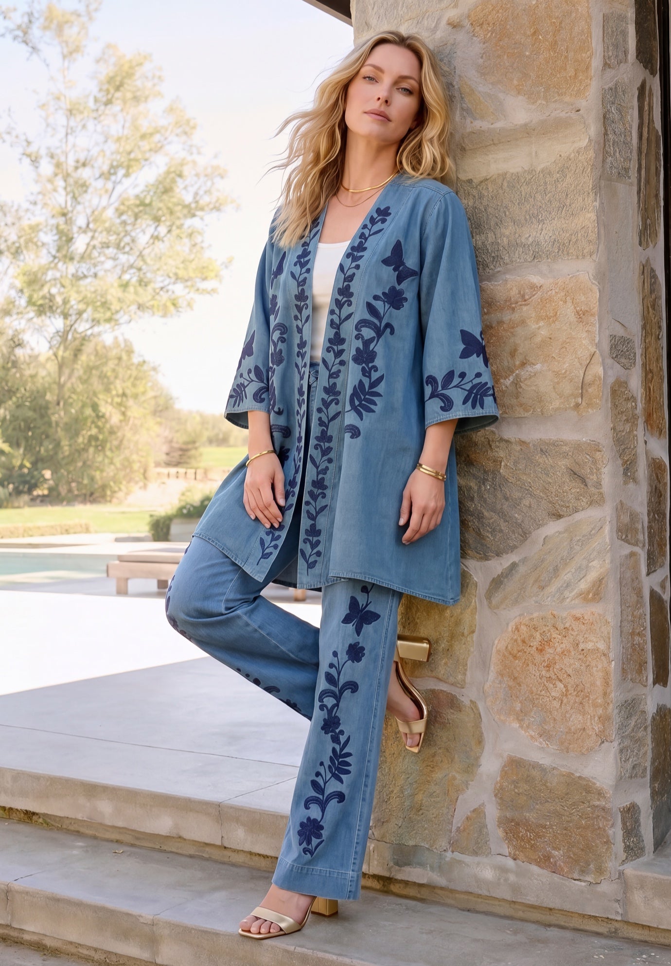 Plus Size Chambray Embroidered Kimono image number 0
