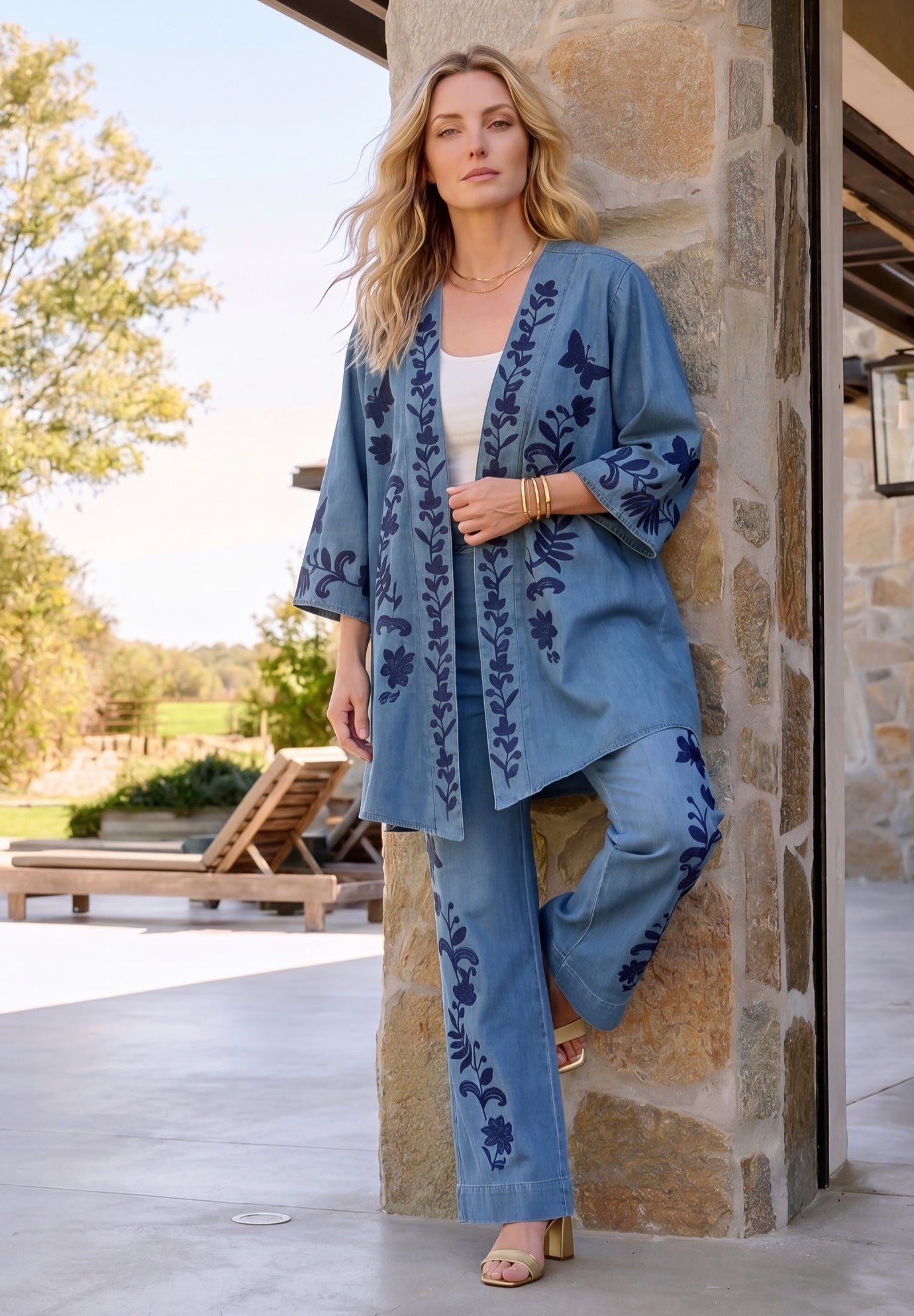 Plus Size Chambray Embroidered Kimono image number 1