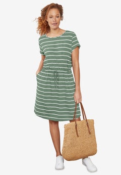 100% Cotton Cinched-Waist Drawstring Midi Dress