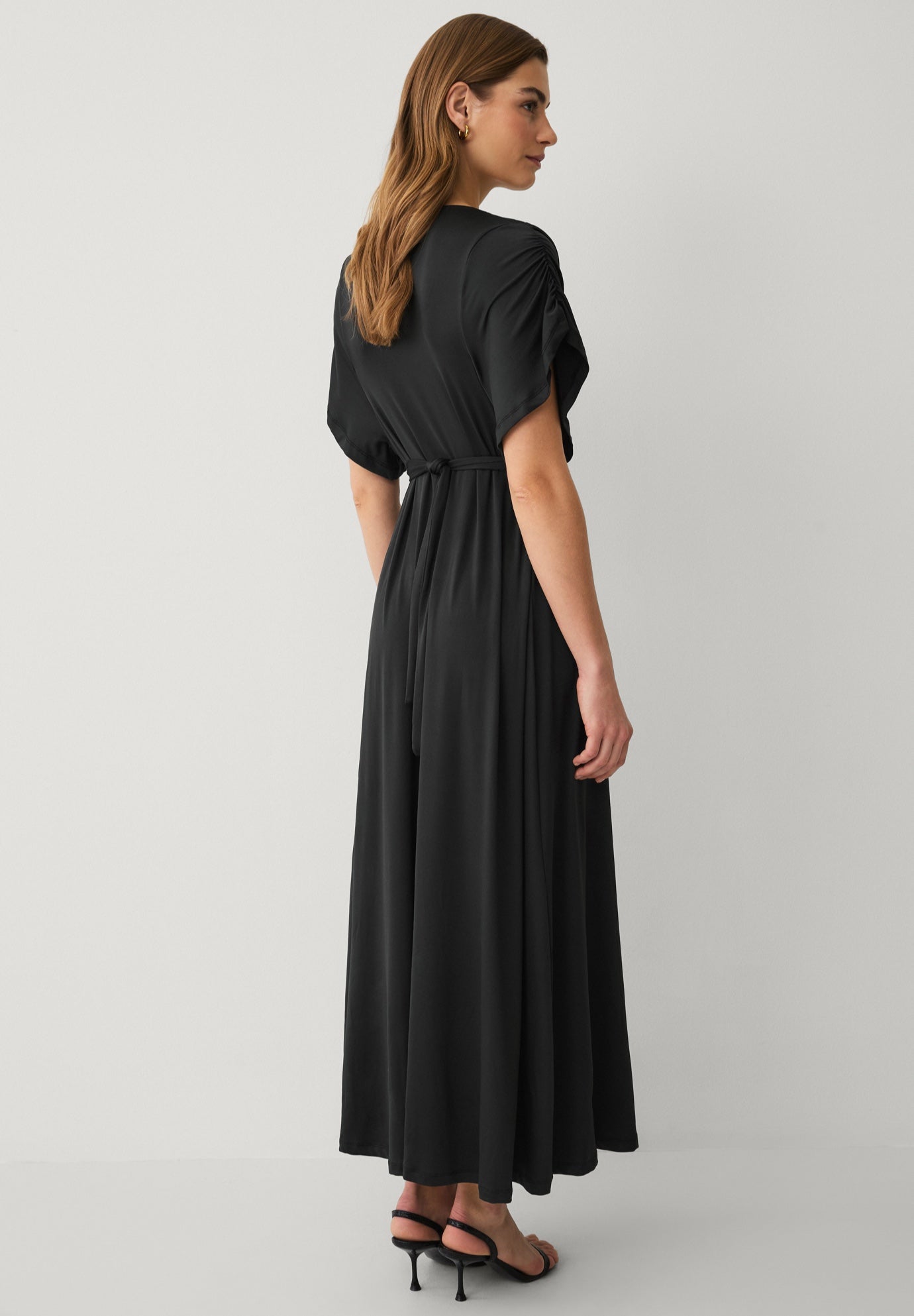 Stretch Knit Fit And Flare Elbow-Length Sleeve Tie-Back Maxi Dress image number 1