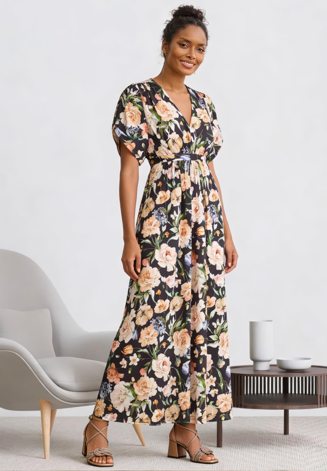 Stretch Knit V-neck Short Sleeve Tie Back Maxi Dress image number 0