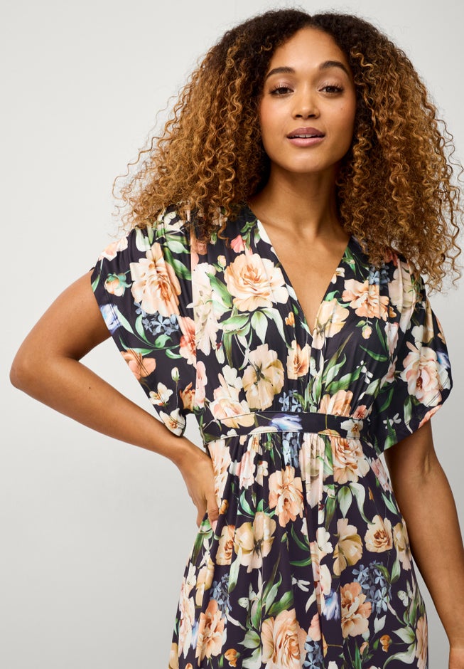 Stretch Knit Fit And Flare Elbow-Length Sleeve Tie-Back Maxi Dress image number 2