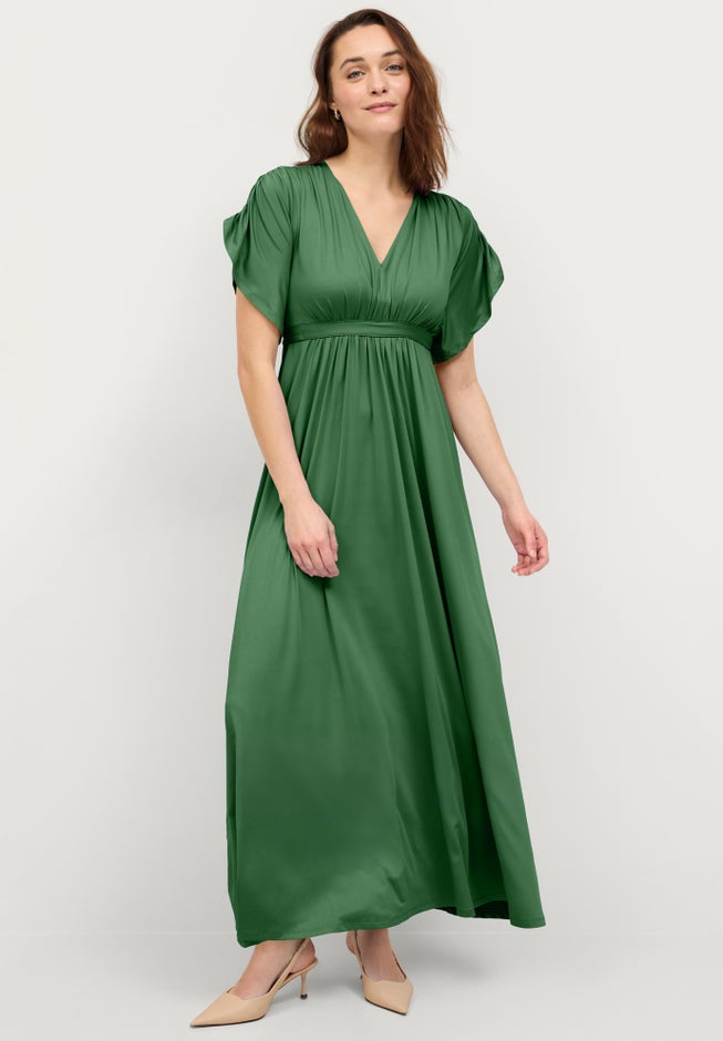 Stretch Knit Fit And Flare Elbow-Length Sleeve Tie-Back Maxi Dress image number 3