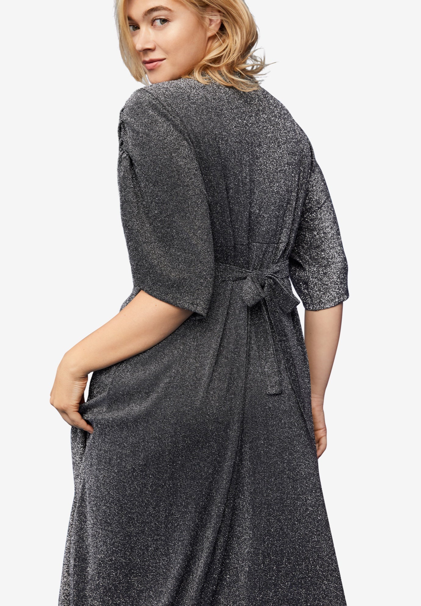 Stretch Knit Fit And Flare Elbow-Length Sleeve Tie-Back Maxi Dress image number 1