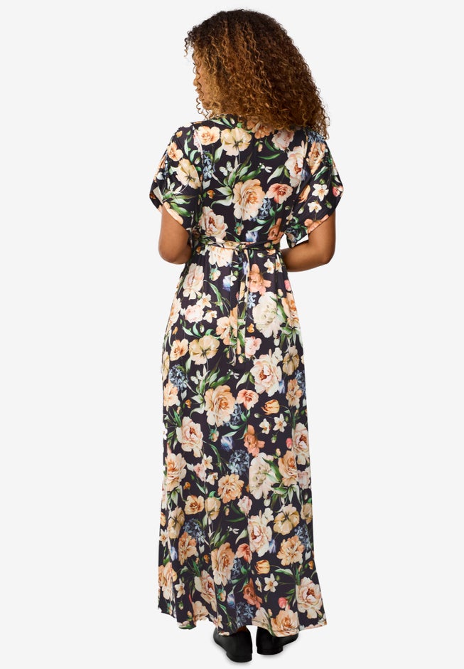 Stretch Knit V-neck Short Sleeve Tie Back Maxi Dress image number 1