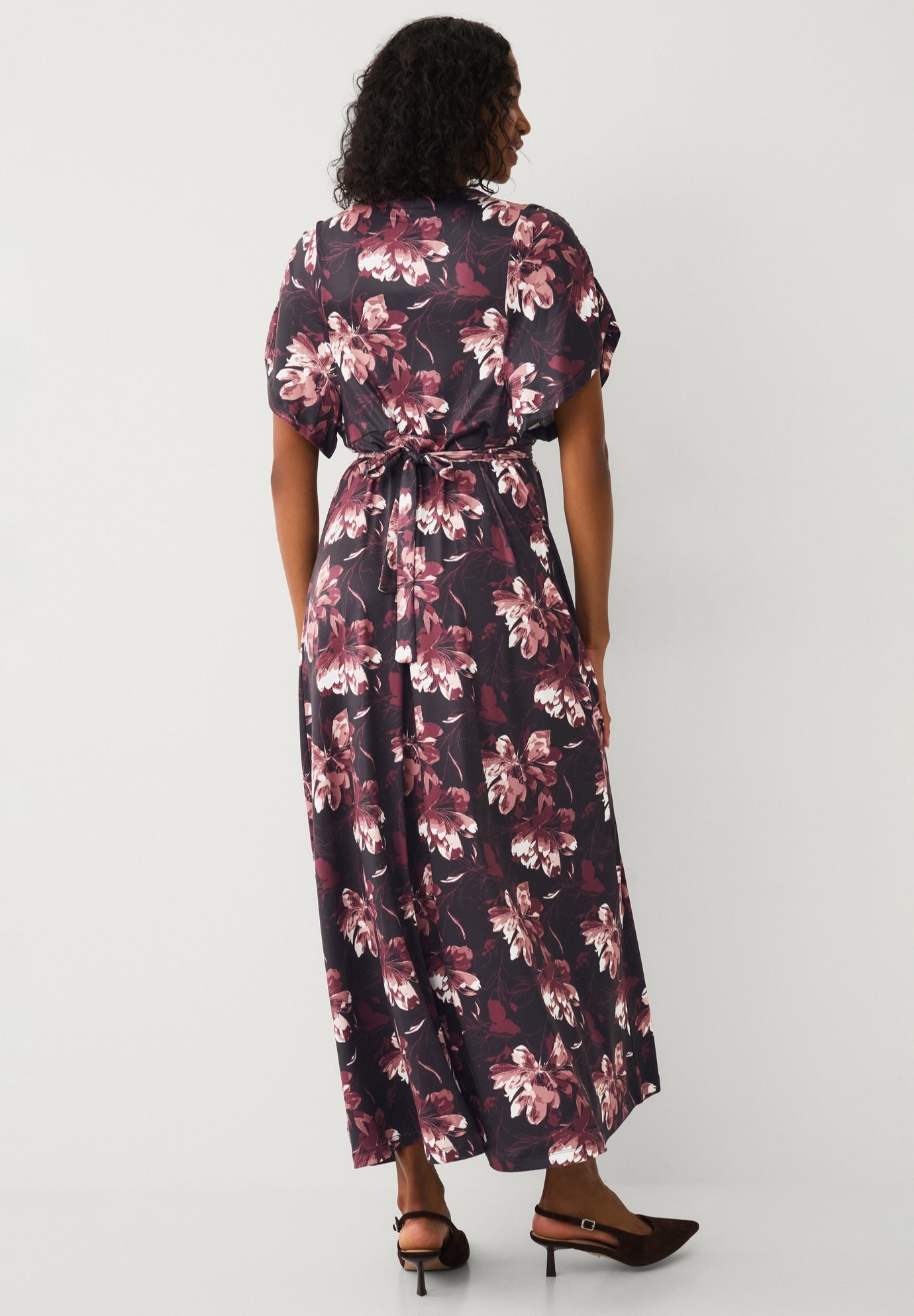 Stretch Knit Fit And Flare Elbow-Length Sleeve Tie-Back Maxi Dress image number 1