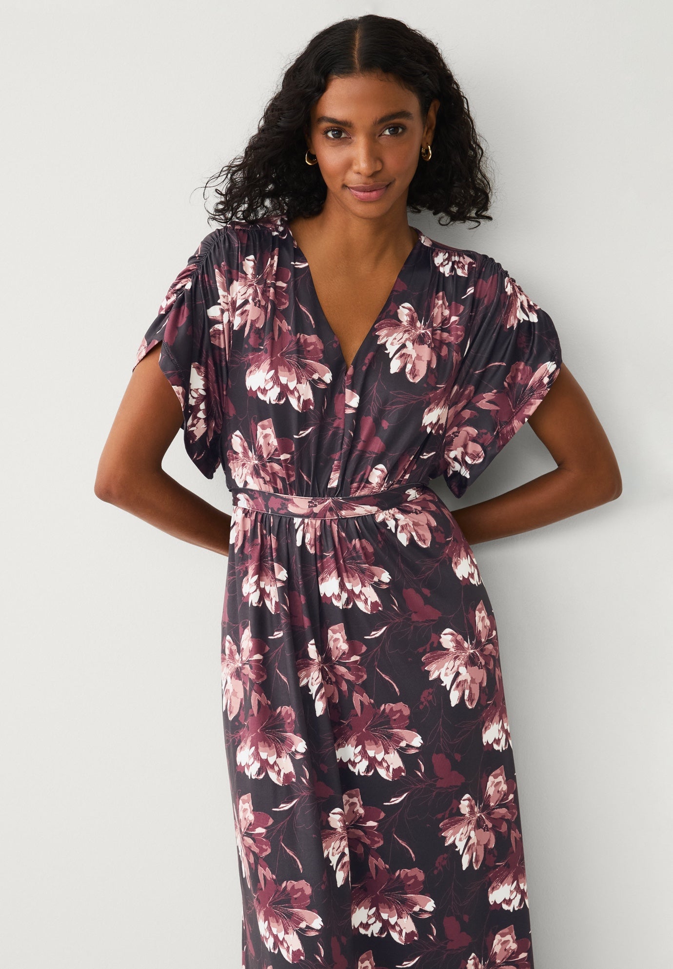 Stretch Knit Fit And Flare Elbow-Length Sleeve Tie-Back Maxi Dress image number 2