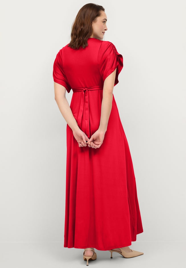 Stretch Knit Fit And Flare Elbow-Length Sleeve Tie-Back Maxi Dress image number 1