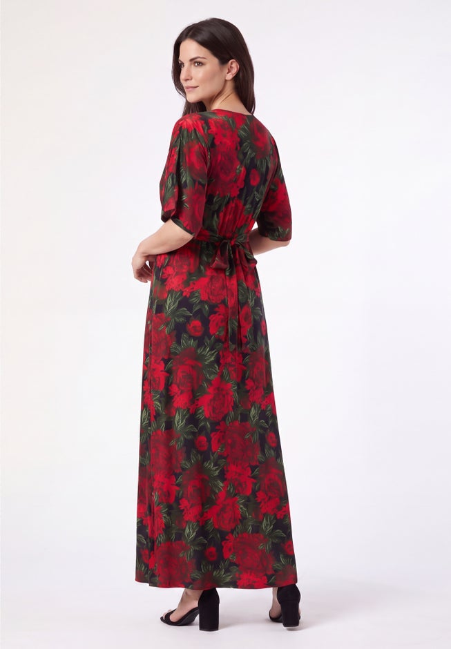 Stretch Knit Fit And Flare Elbow-Length Sleeve Tie-Back Maxi Dress image number 1