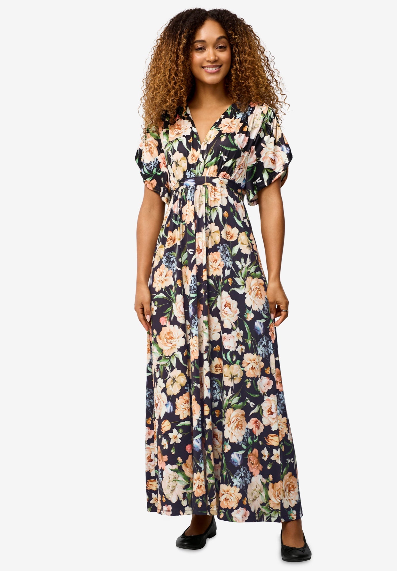 Stretch Knit V-neck Short Sleeve Tie Back Maxi Dress image number 0