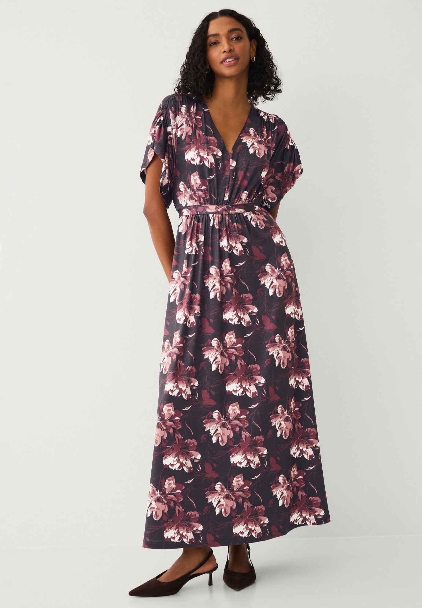 Stretch Knit Fit And Flare Elbow-Length Sleeve Tie-Back Maxi Dress image number 0